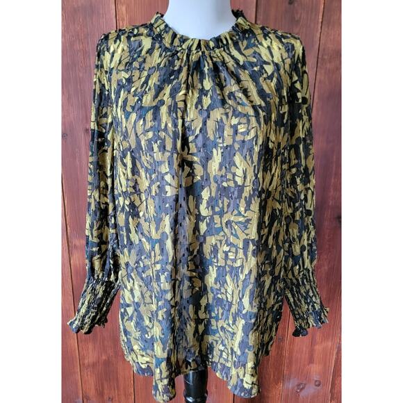 Maison d’Amelie Women L Black Chartreuse Chiffon Swiss Dot Ruffle Mock Neck Top - Picture 1 of 10
